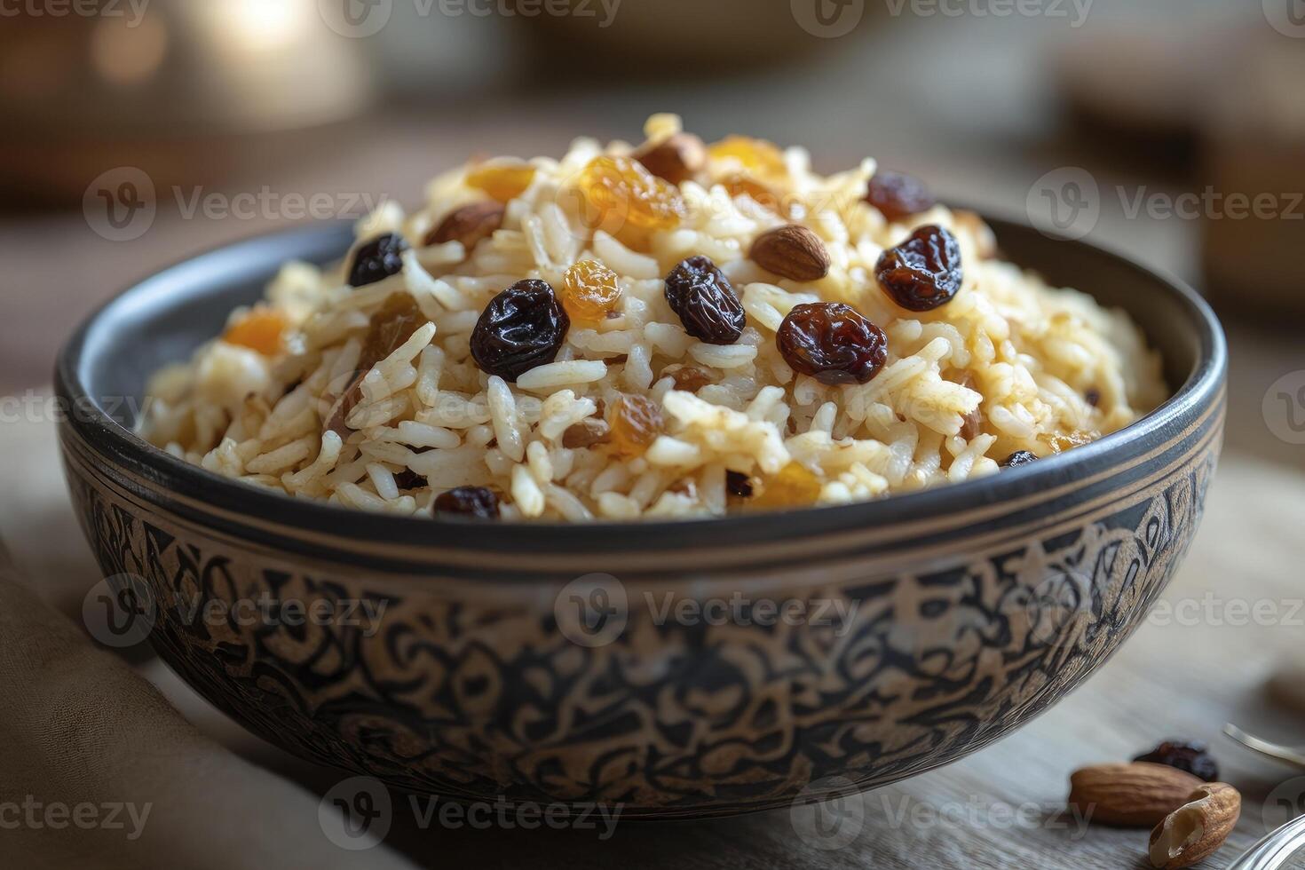 Rice with Raisins and Almonds in a Bowl Close-up View photo