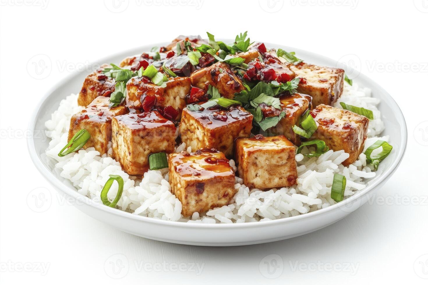 Serving Delicious Glazed Tofu with Rice and Fresh Herbs on White photo
