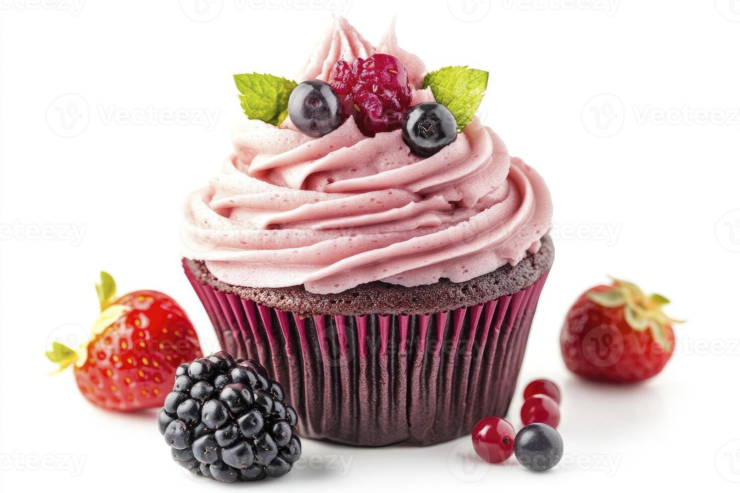 Cupcake with Pink Frosting and Fresh Berries on a White Background photo