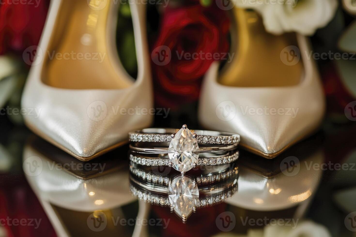 Wedding Ring and Bridal Shoes on Reflective Surface with Floral Background photo