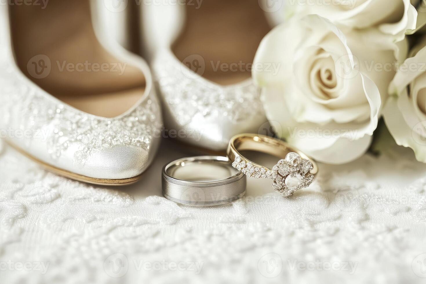 Wedding Rings and Shoes with White Roses on Lace Fabric photo