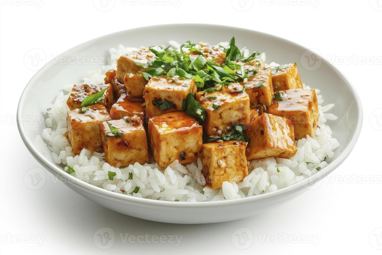 Serving Delicious Tofu Cubes with Rice and Spring Onion Garnish photo