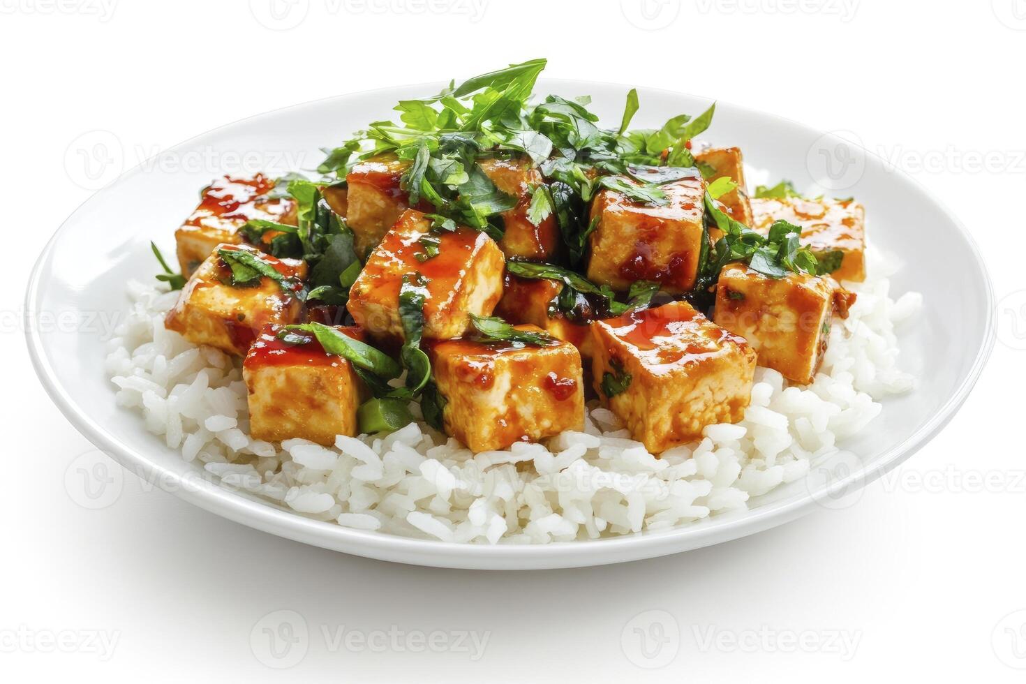 Serving of Glazed Tofu Cubes with Rice and Greens on White Plate photo