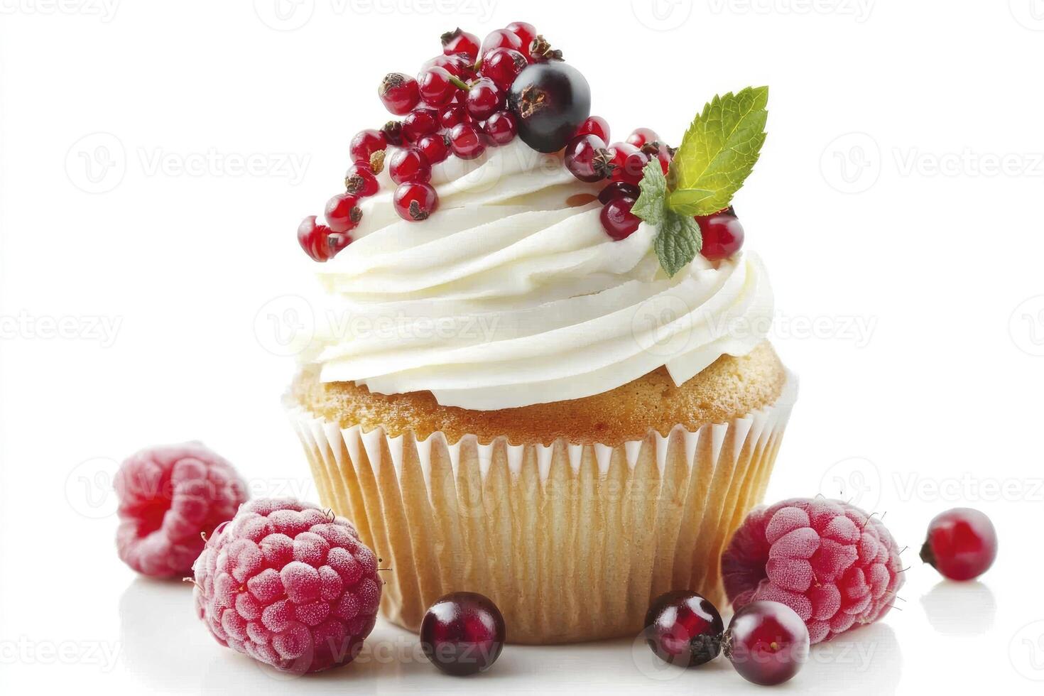 Delicious Cupcake with Cream Frosting and Fresh Berries on White photo