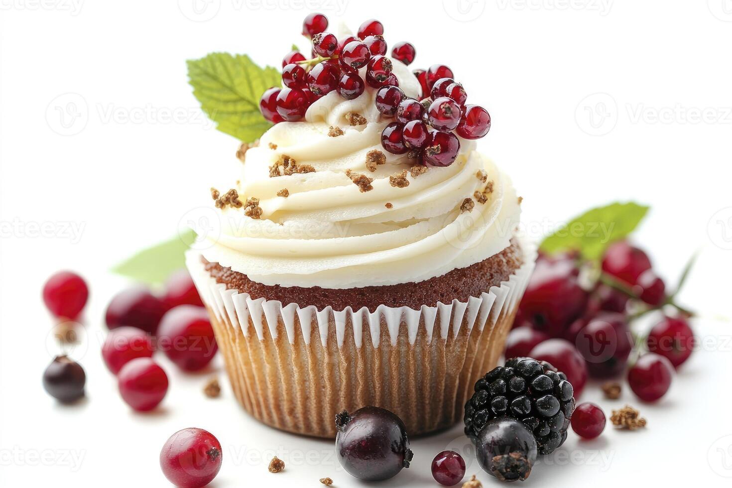 Delicious Cupcake with Cream Cheese Frosting and Fresh Red Currants photo
