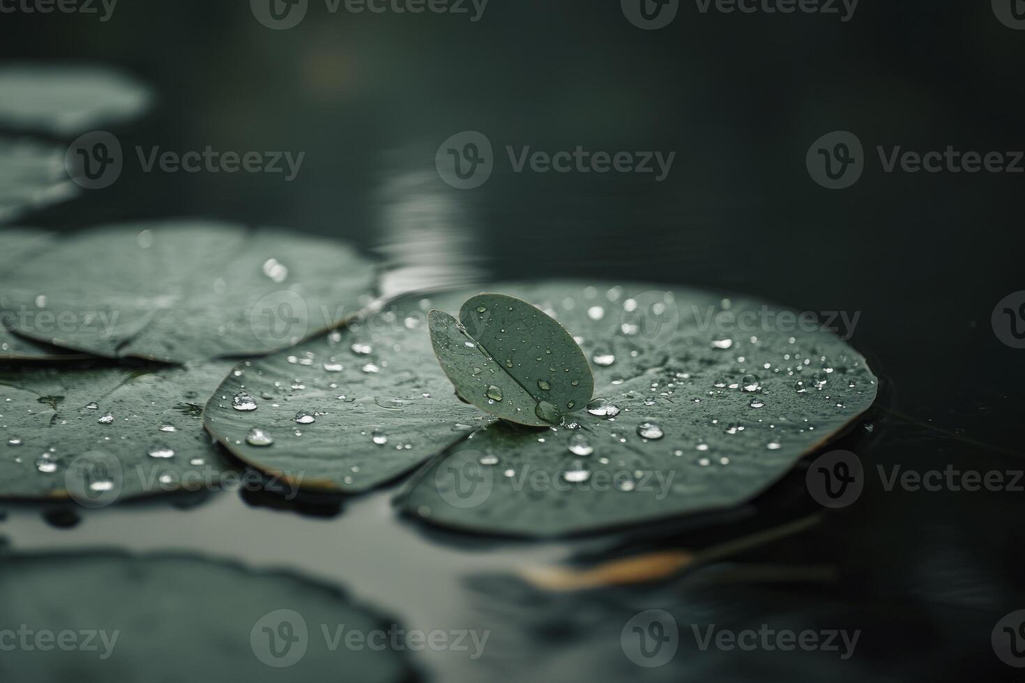 Lily Pads Floating on Water Surface with Rain Droplets Close Up photo