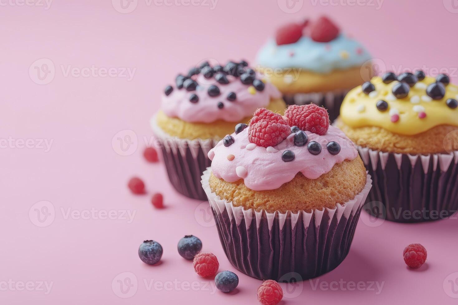 Colorful Cupcakes with Berries and Frosting on Pink Background Display photo