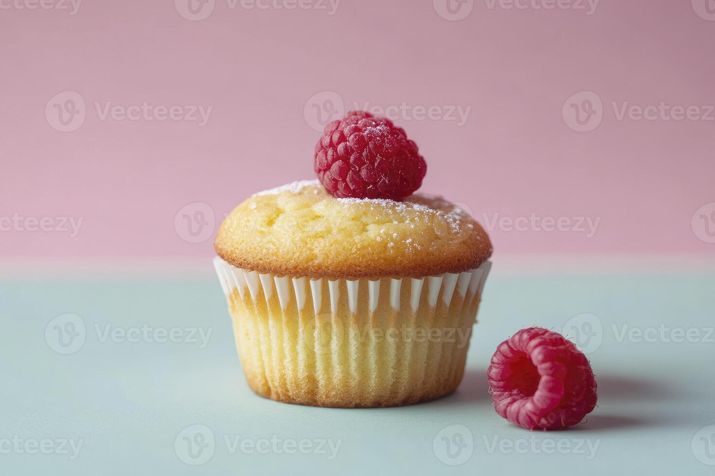 Cupcake with Raspberry and Powdered Sugar on Pastel Background photo