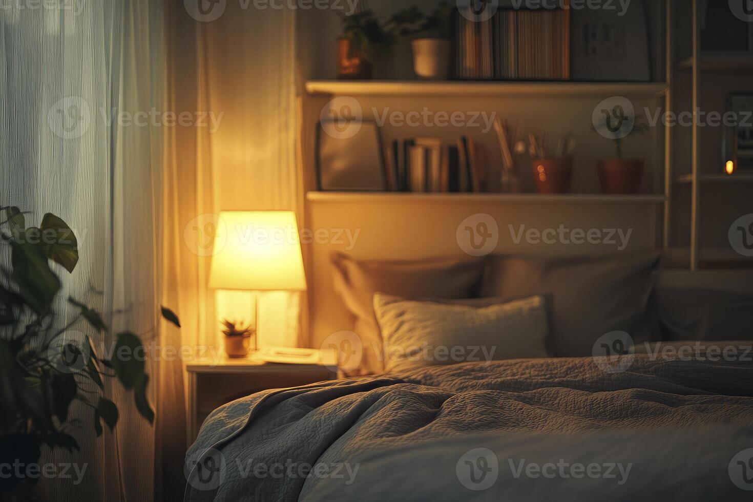 Cozy Bedroom Interior with Warm Lamp Light and Comfortable Bedding photo