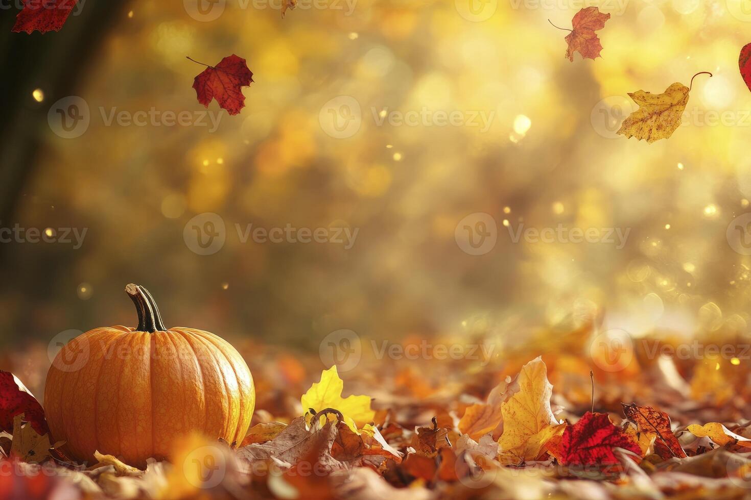 Pumpkin in Autumn Leaves with Falling Leaves and Bokeh Background photo