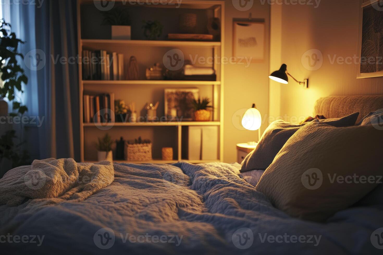 Cozy Bedroom Interior with Bed and Bookshelf Creating a Warm Ambience photo