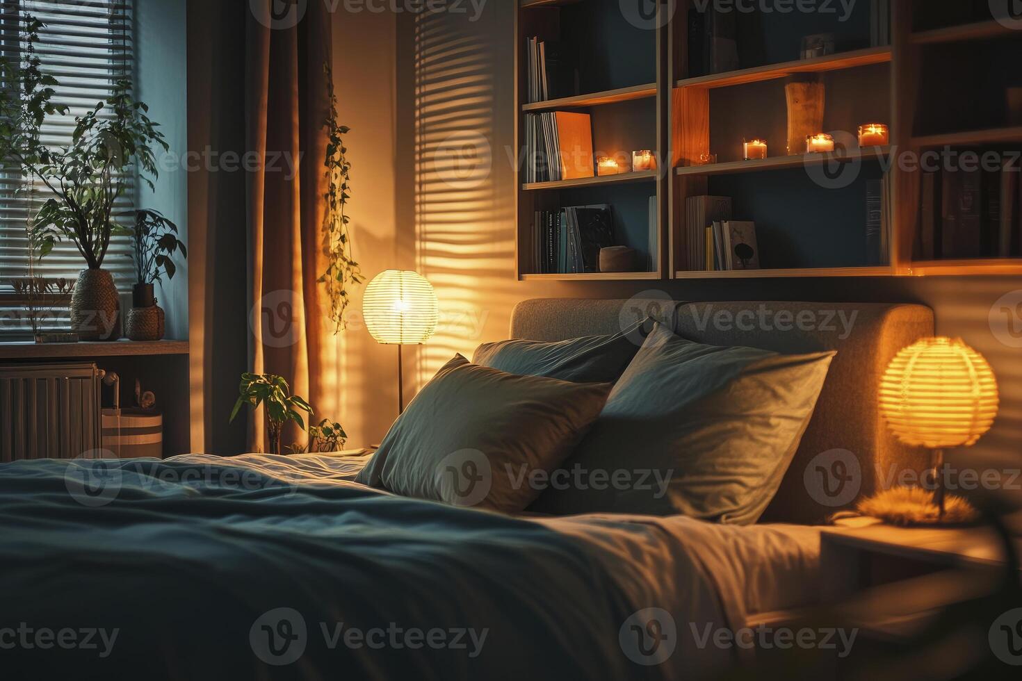 Inviting Bedroom Interior with Bedside Lamps Bookshelf and Cozy Atmosphere photo