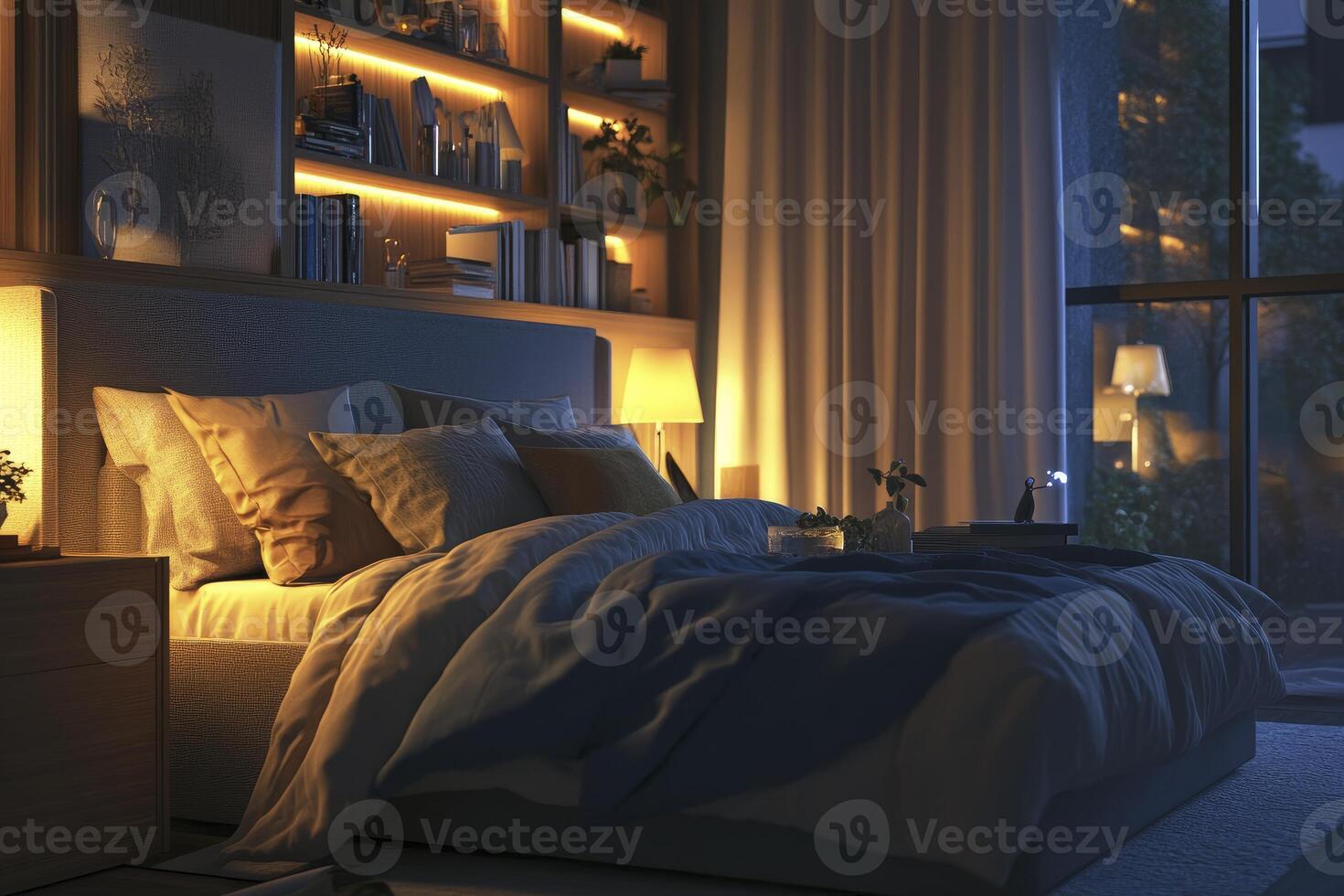 Inviting Bedroom Interior with Warm Lighting and Comfortable Atmosphere at Night photo