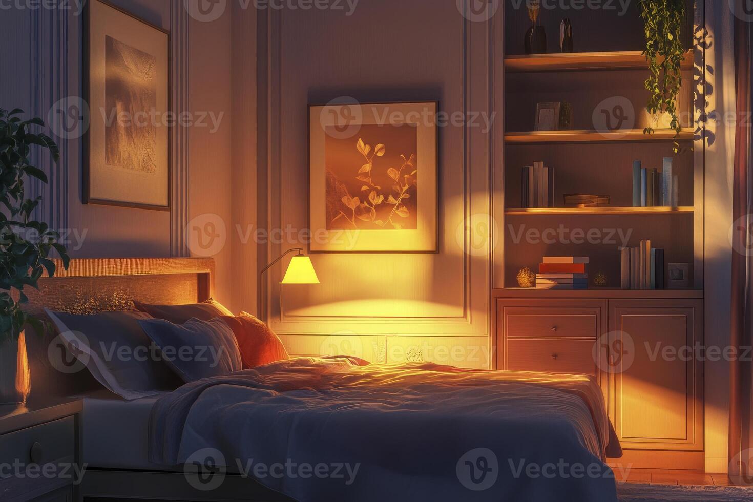 Cozy Bedroom Scene with Warm Lighting and Stylish Interior Design photo