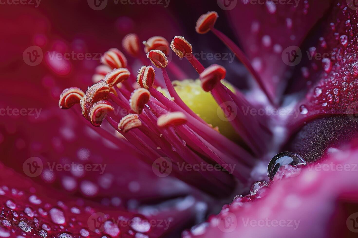 A close up of a red flower with water droplets photo