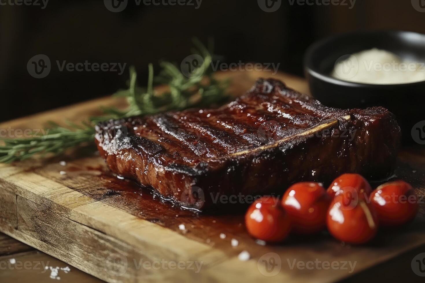 Grilled Steak on Wooden Board with Rosemary and Cherry Tomatoes photo