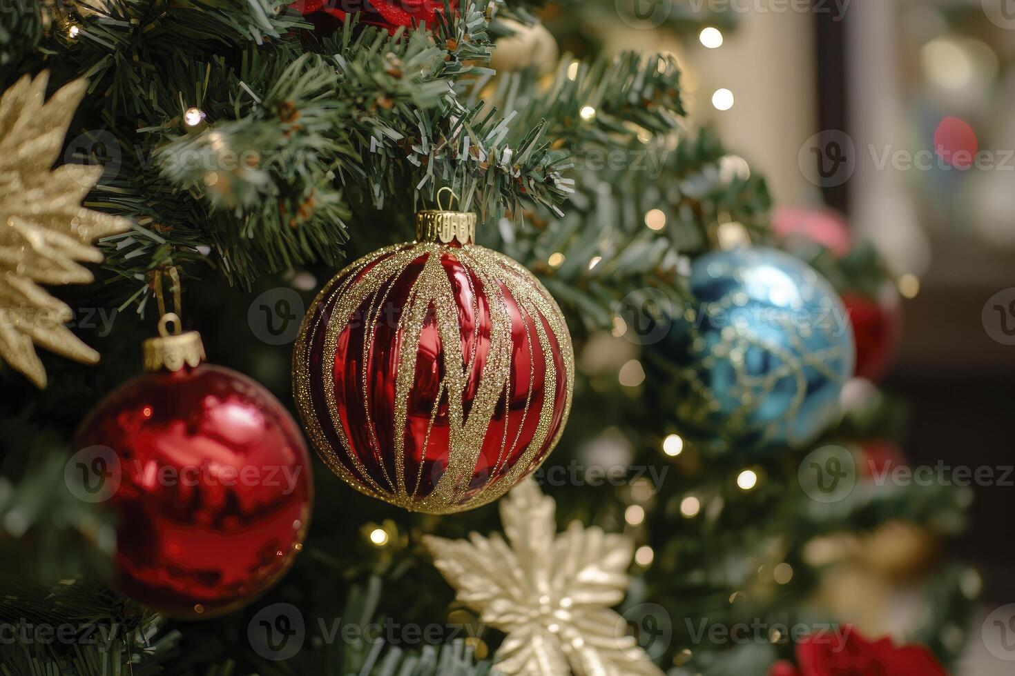 Christmas Tree Decorated with Colorful Ornaments and Twinkling Lights photo
