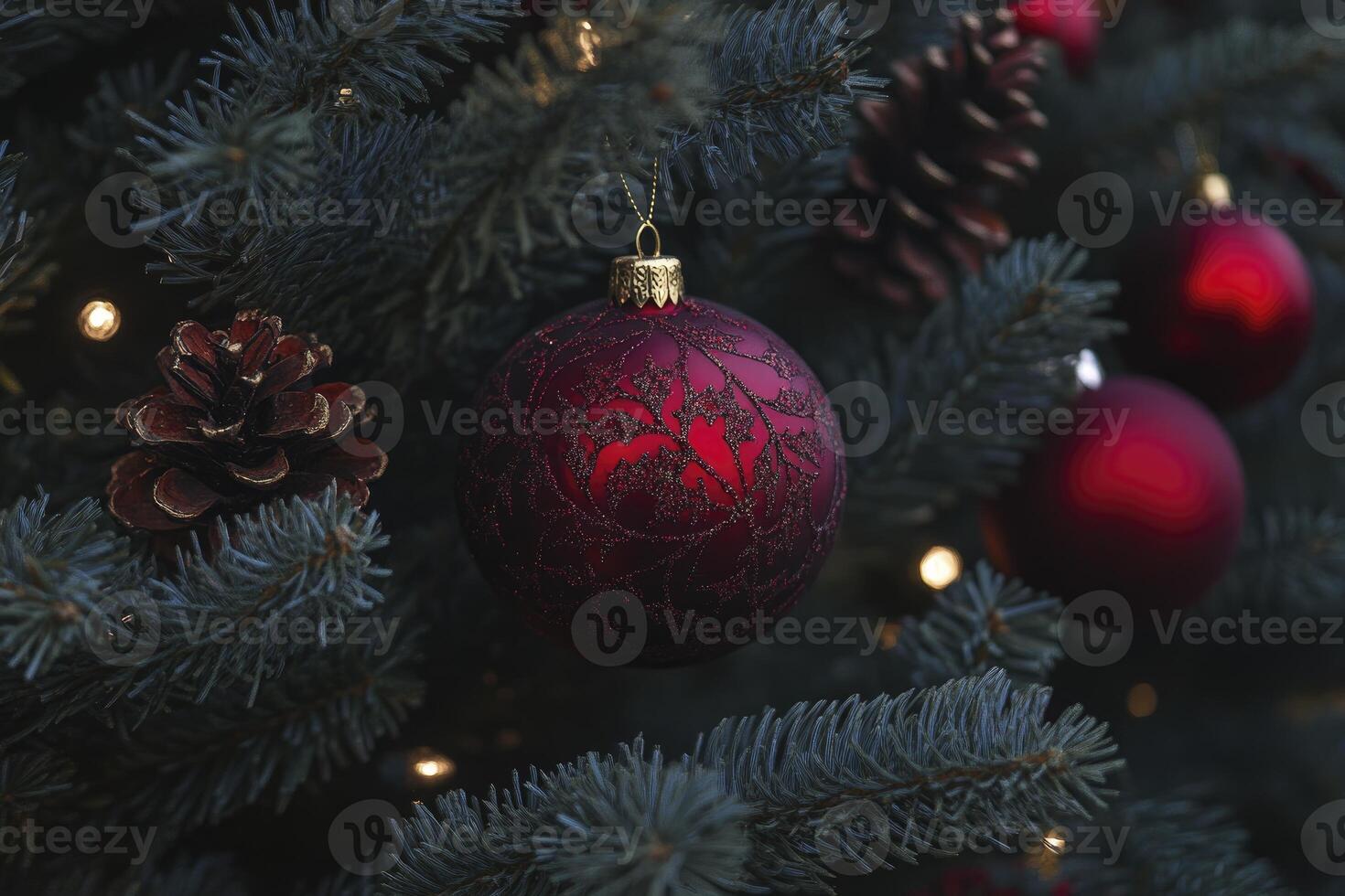 Decorating Christmas Tree with Red Ornaments and Pine Cones Festive Holiday photo
