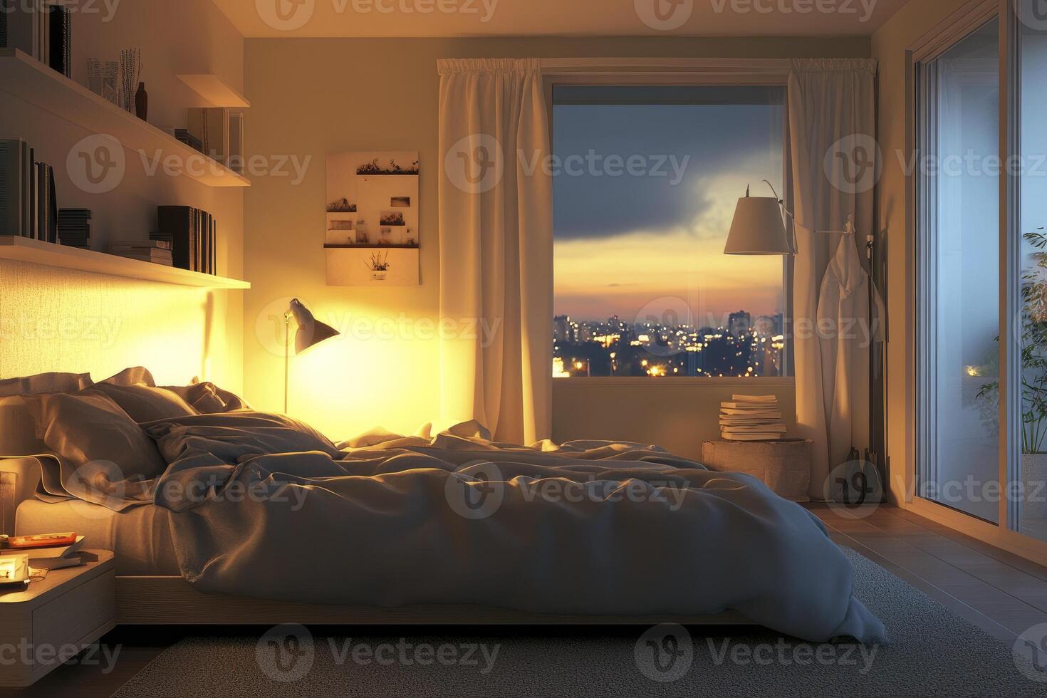 Comfortable Bedroom at Night with City View and Warm Lighting photo