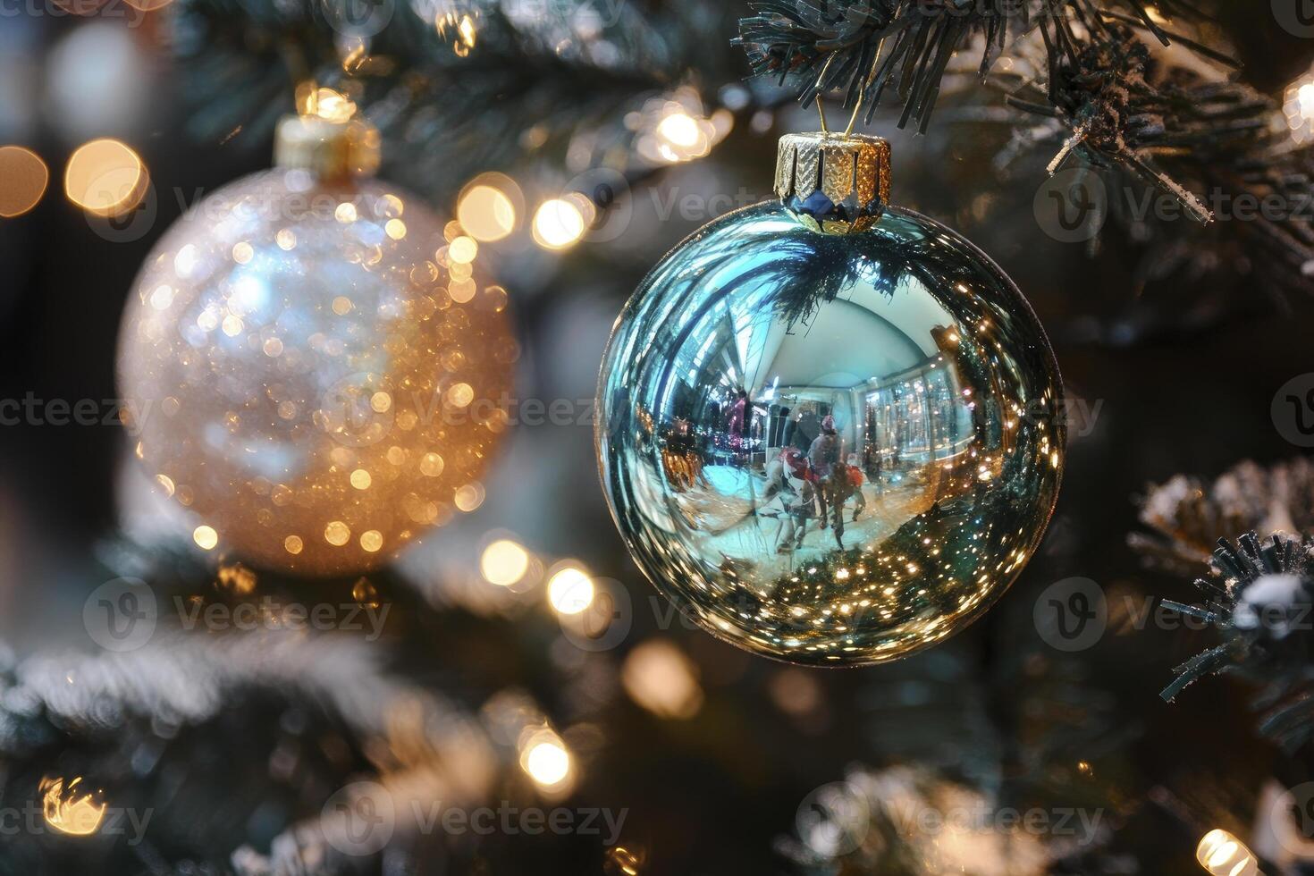 Decorated Christmas Tree with Shiny Ornaments and Warm Festive Lights photo