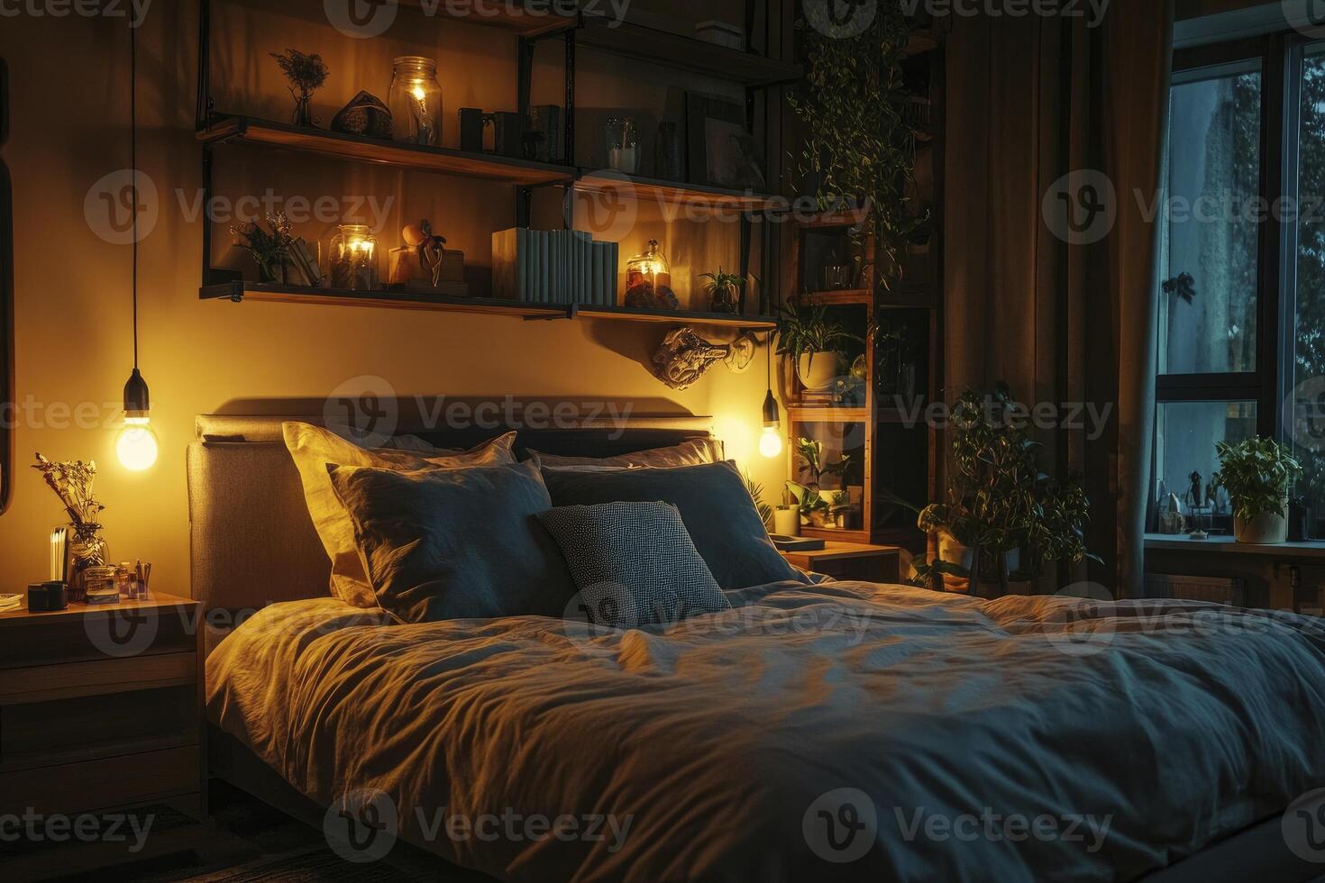 Cozy Bedroom Interior with Soft Lighting and Shelves with Plants photo