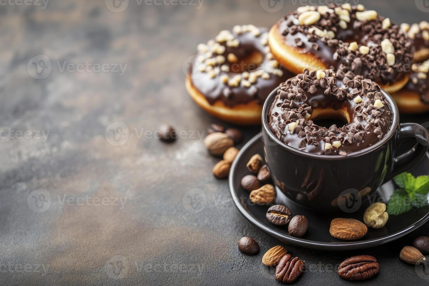 Chocolate Donuts and Coffee Cup with Nuts and Mint Arrangement photo