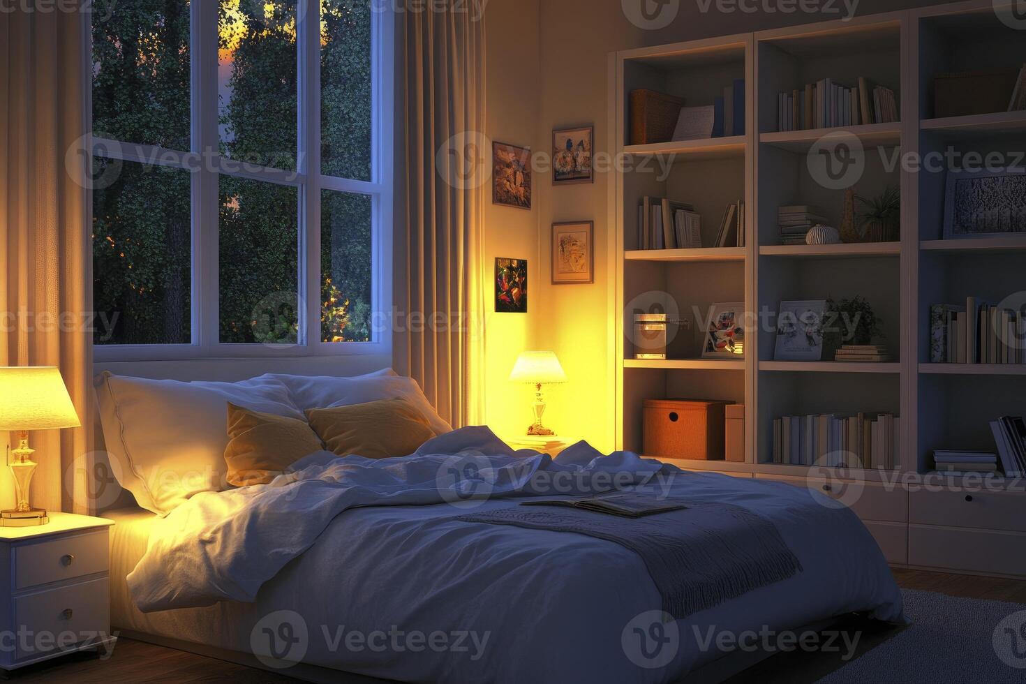Cozy Bedroom Interior with Bed, Window and Bookshelf at Night photo