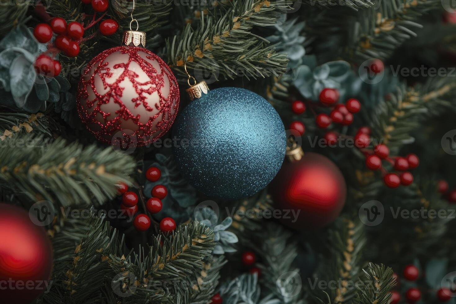 Christmas Ornament Decoration on Evergreen Tree Branches with Red Berries photo