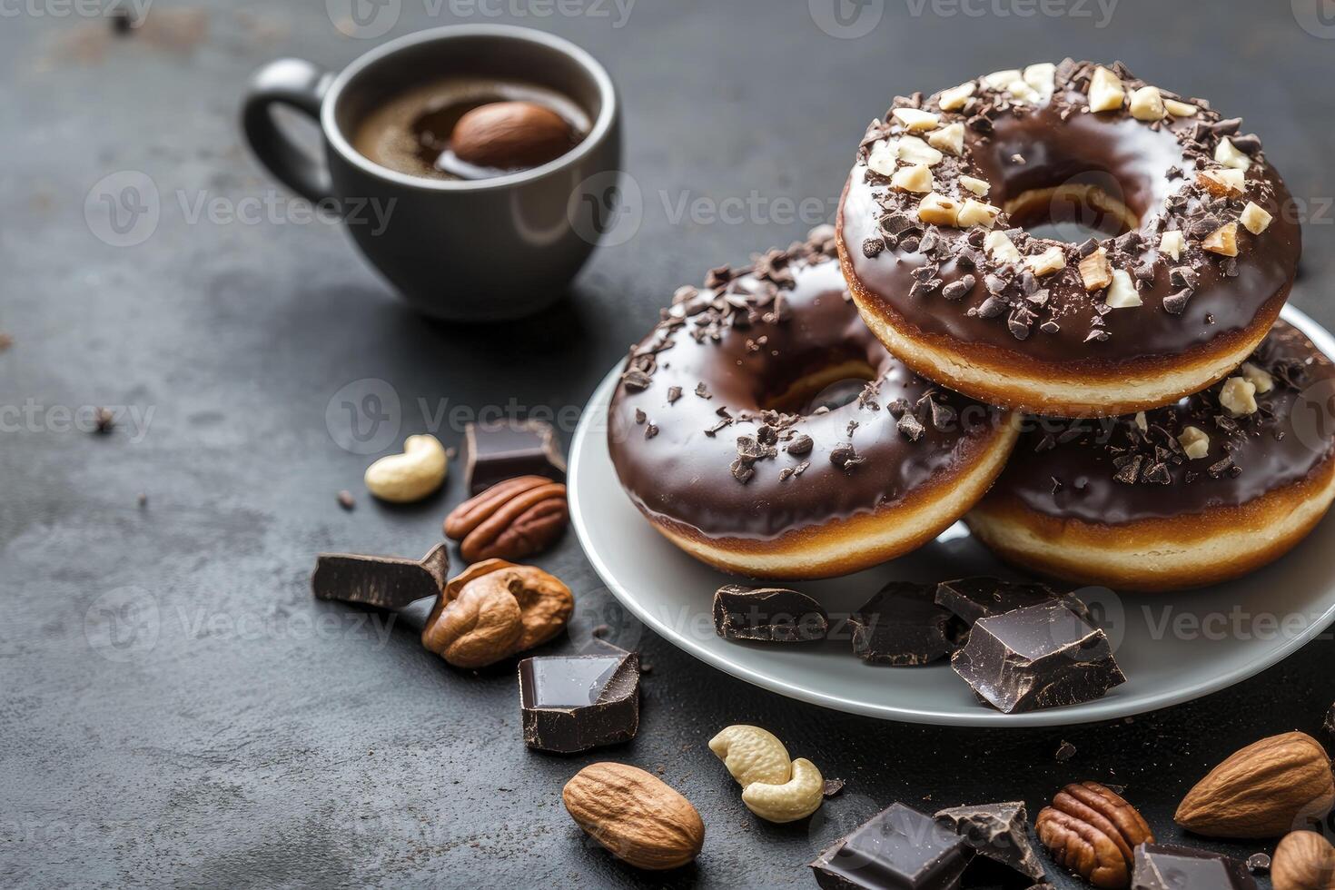 Delicious Chocolate Glazed Donuts Stacked with Nuts and Coffee photo