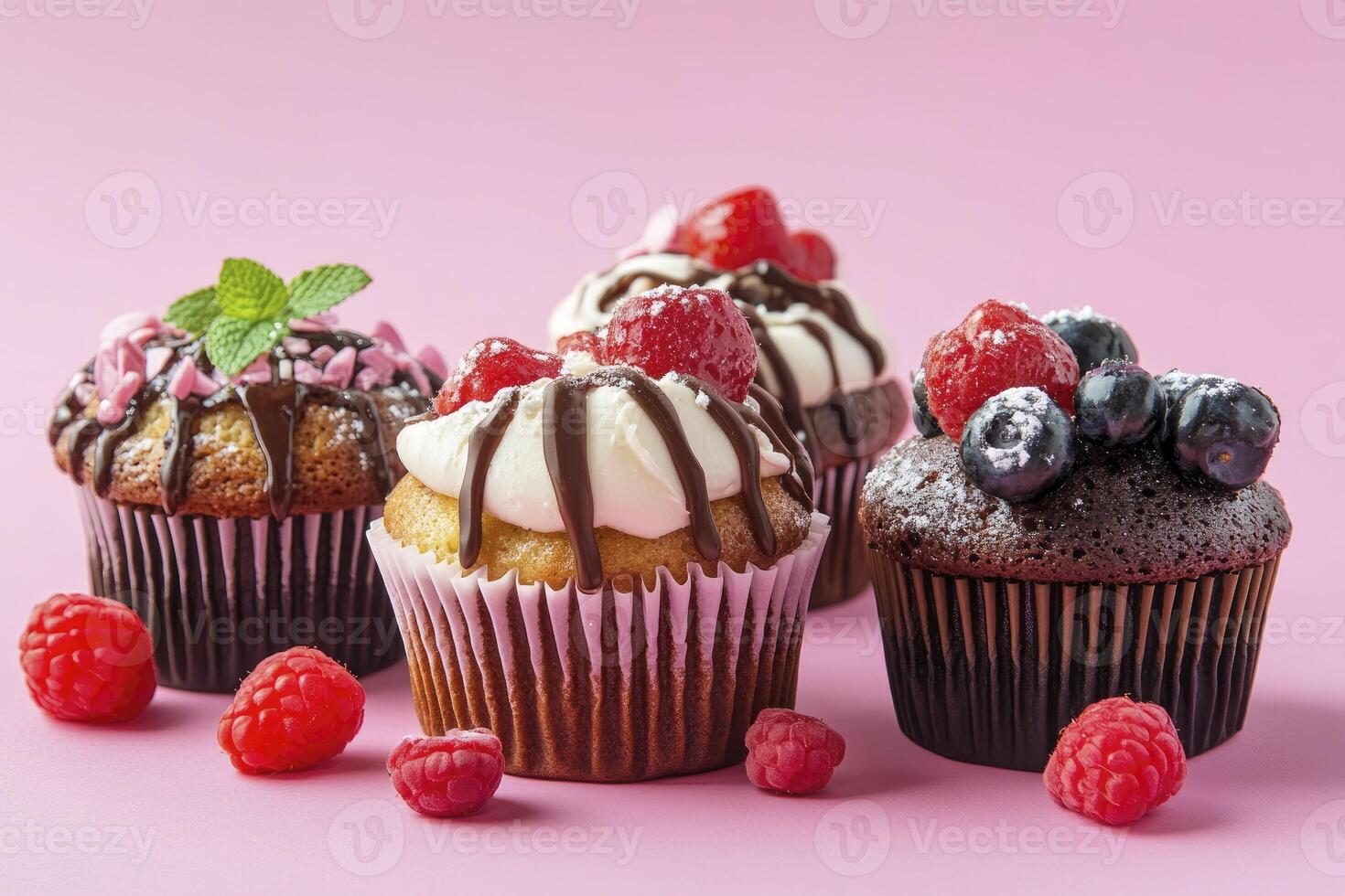 Delicious Cupcakes Topped with Berries and Chocolate Drizzle on Pink Background photo
