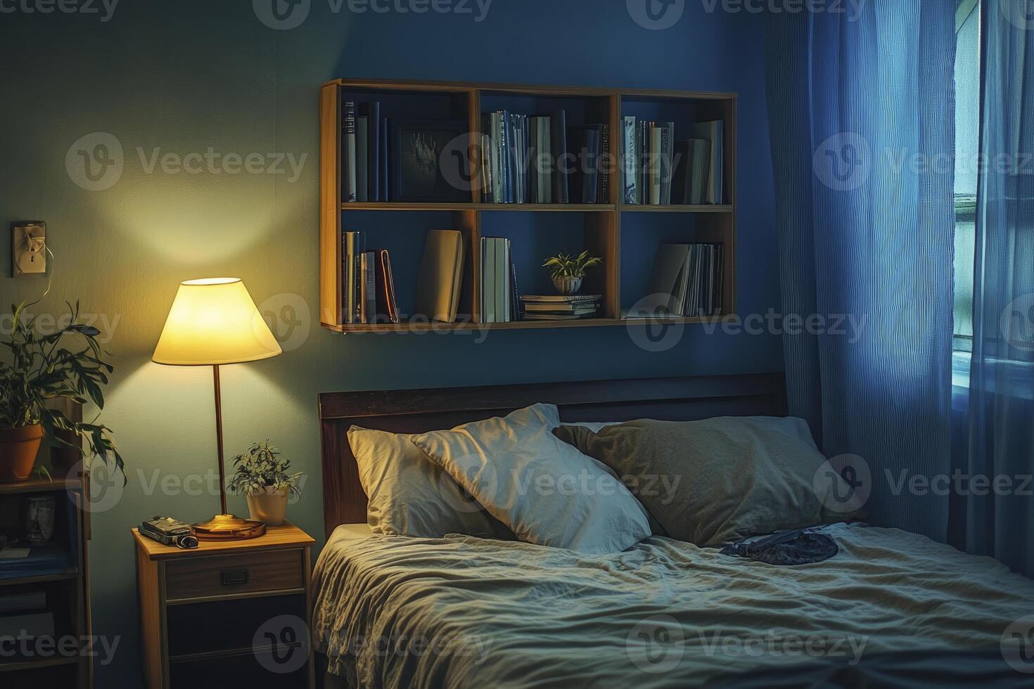 Cozy Bedroom Interior with Bedside Lamp and Bookshelf for Relaxation photo