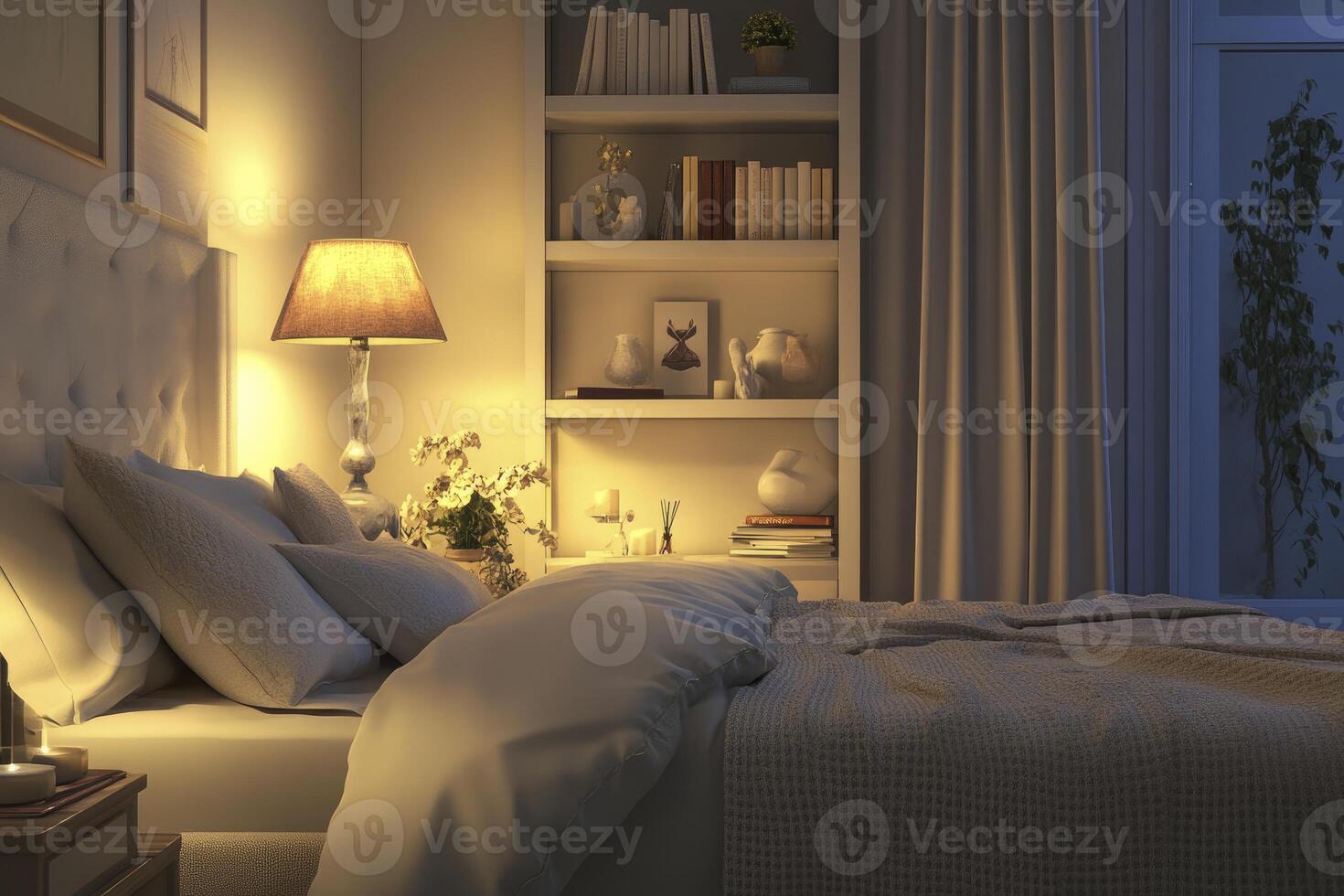 Cozy Bedroom Interior with Soft Lighting and Comfortable Bed at Night photo