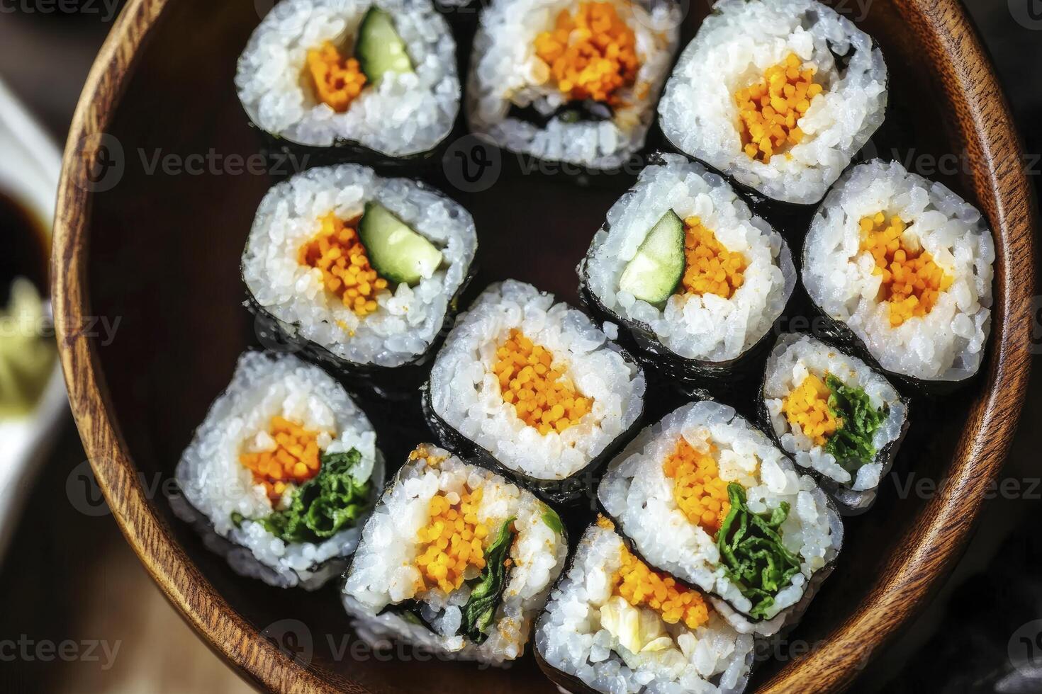 Serving of Fresh Sushi Rolls with Vegetables in Wooden Bowl photo