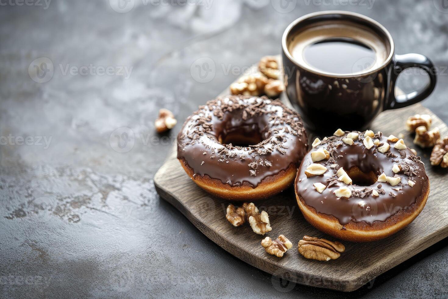 Enjoying Fresh Coffee and Chocolate Donuts with Walnuts on Dark Table photo