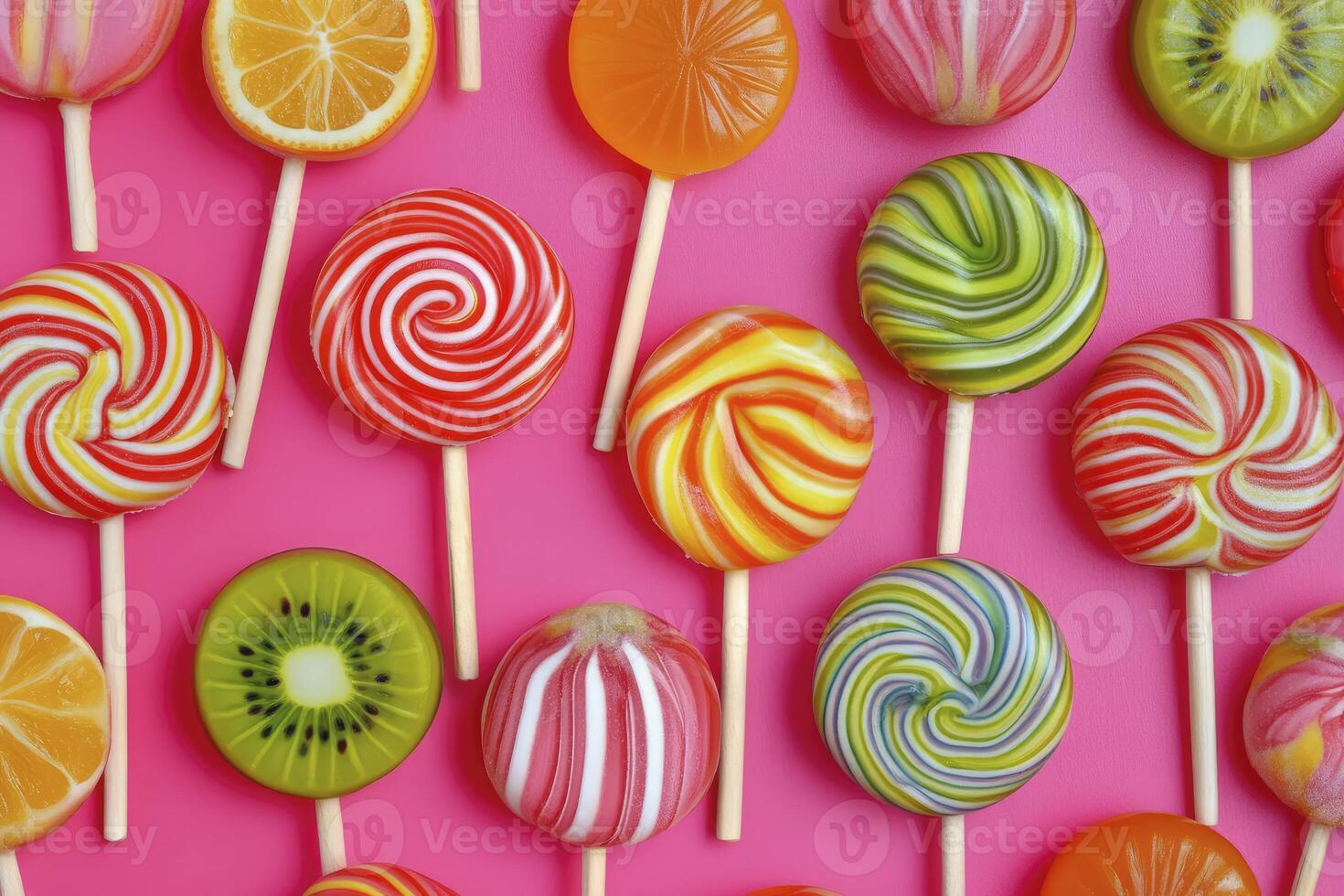 Colorful Candy Lollipops on Bright Pink Background Overhead Flat Lay Style photo