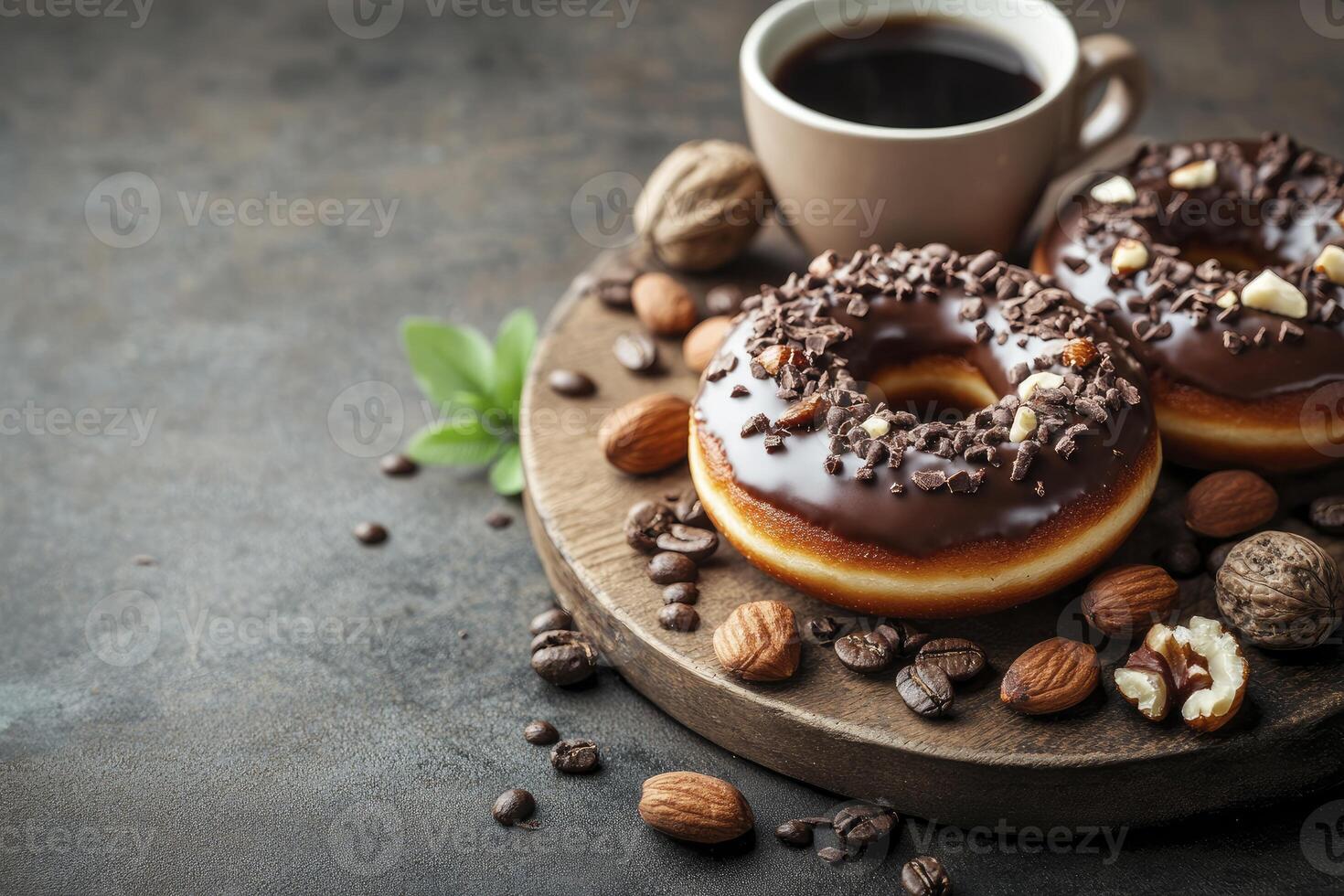 Enjoying Chocolate Donuts and Coffee on Wooden Board with Roasted Almonds photo
