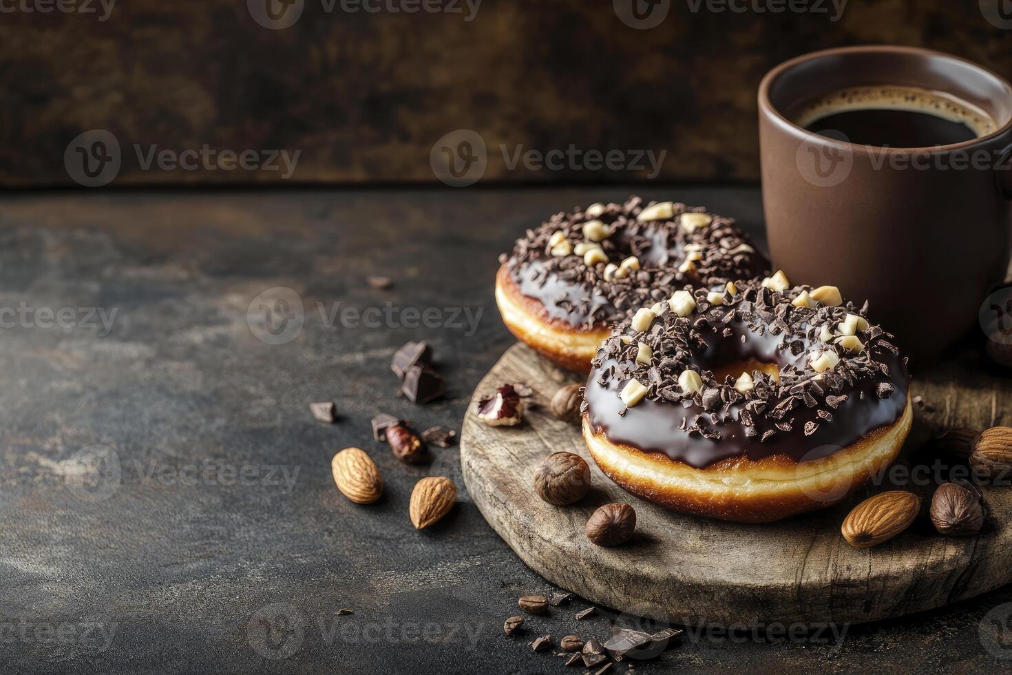 Delicious Donuts and Coffee on Dark Wood Background Perfect for Breakfast photo