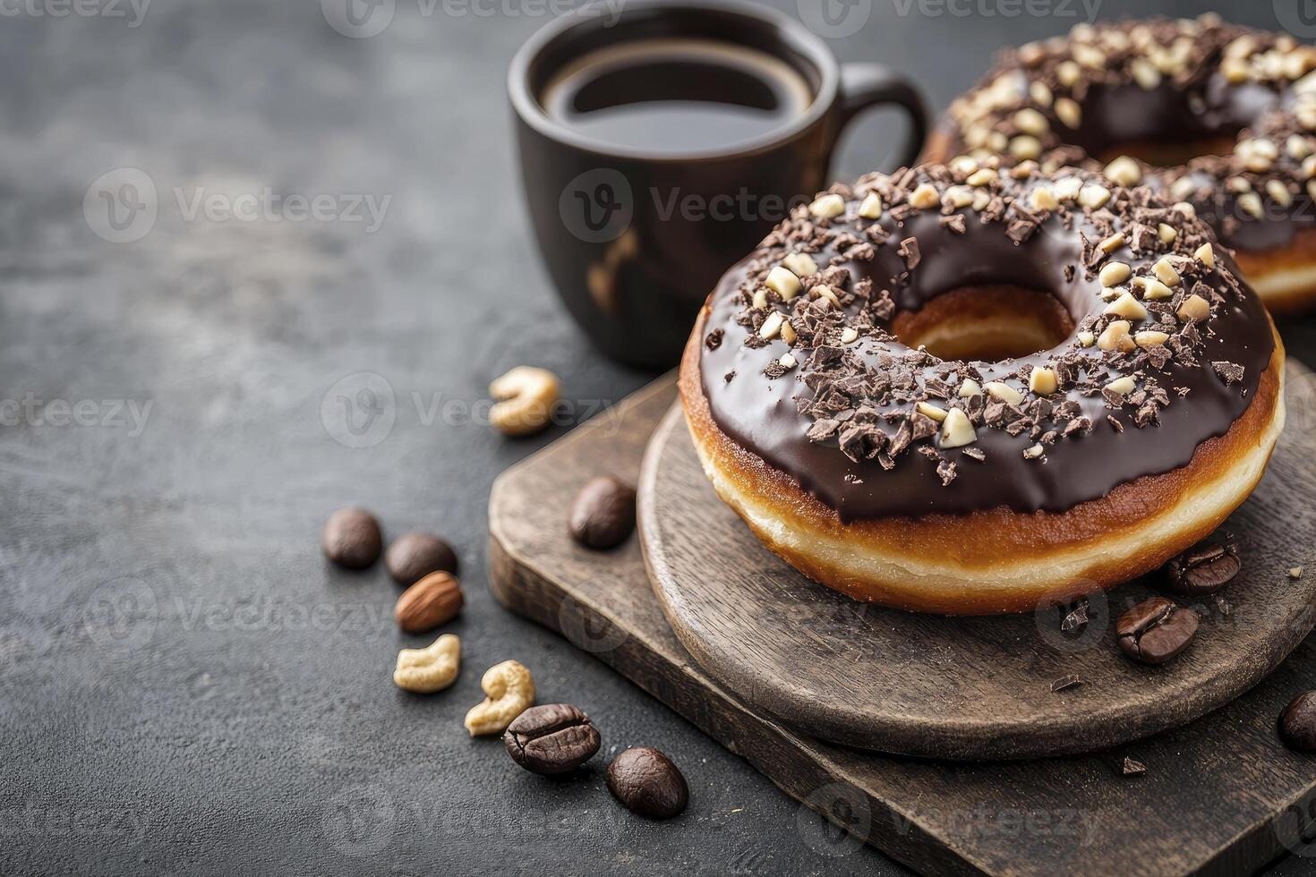 Enjoying Chocolate Donut and Coffee on Wood Tray for Breakfast Treat photo