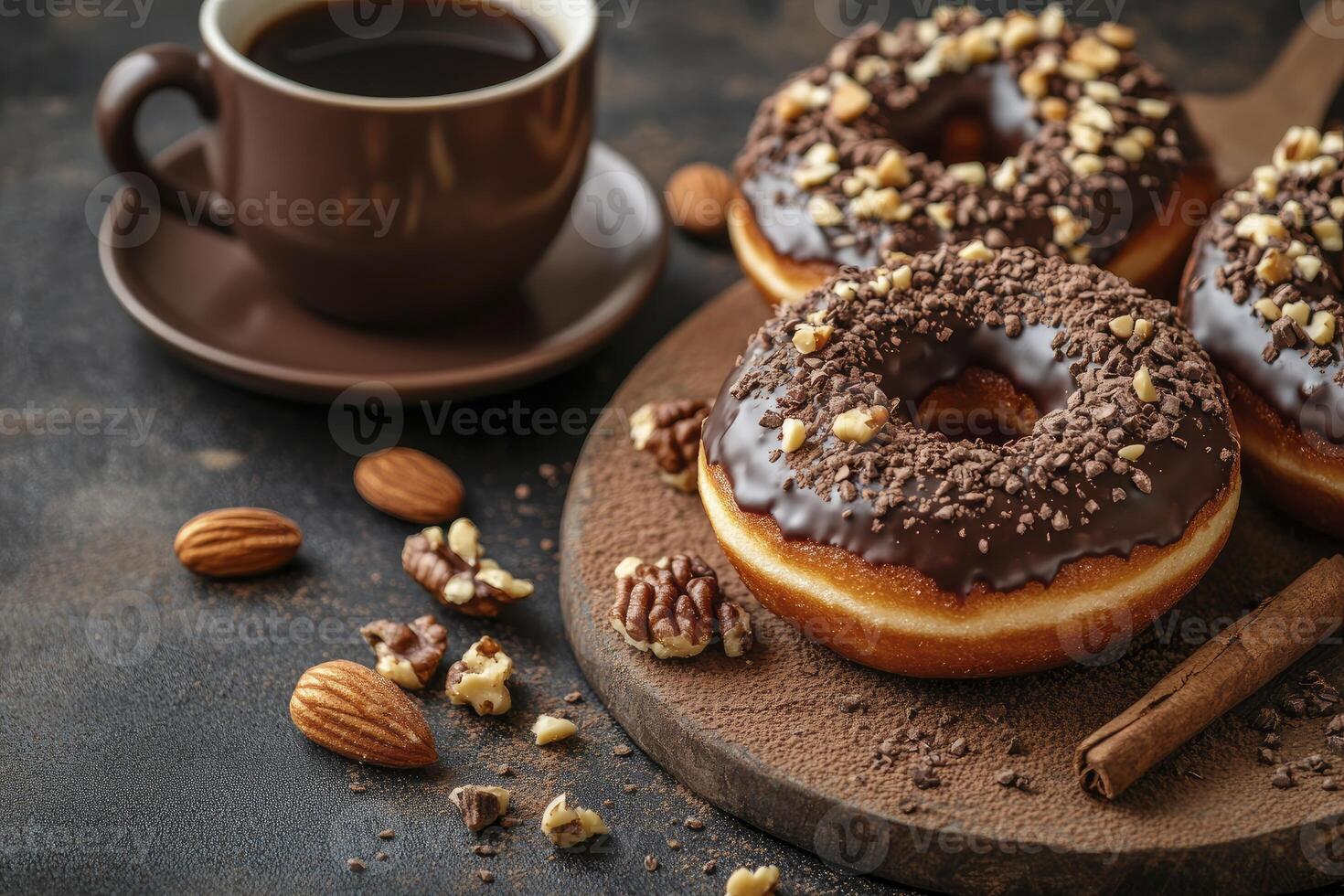 Enjoying Chocolate Doughnuts with Coffee and Nuts on a Wooden Board photo