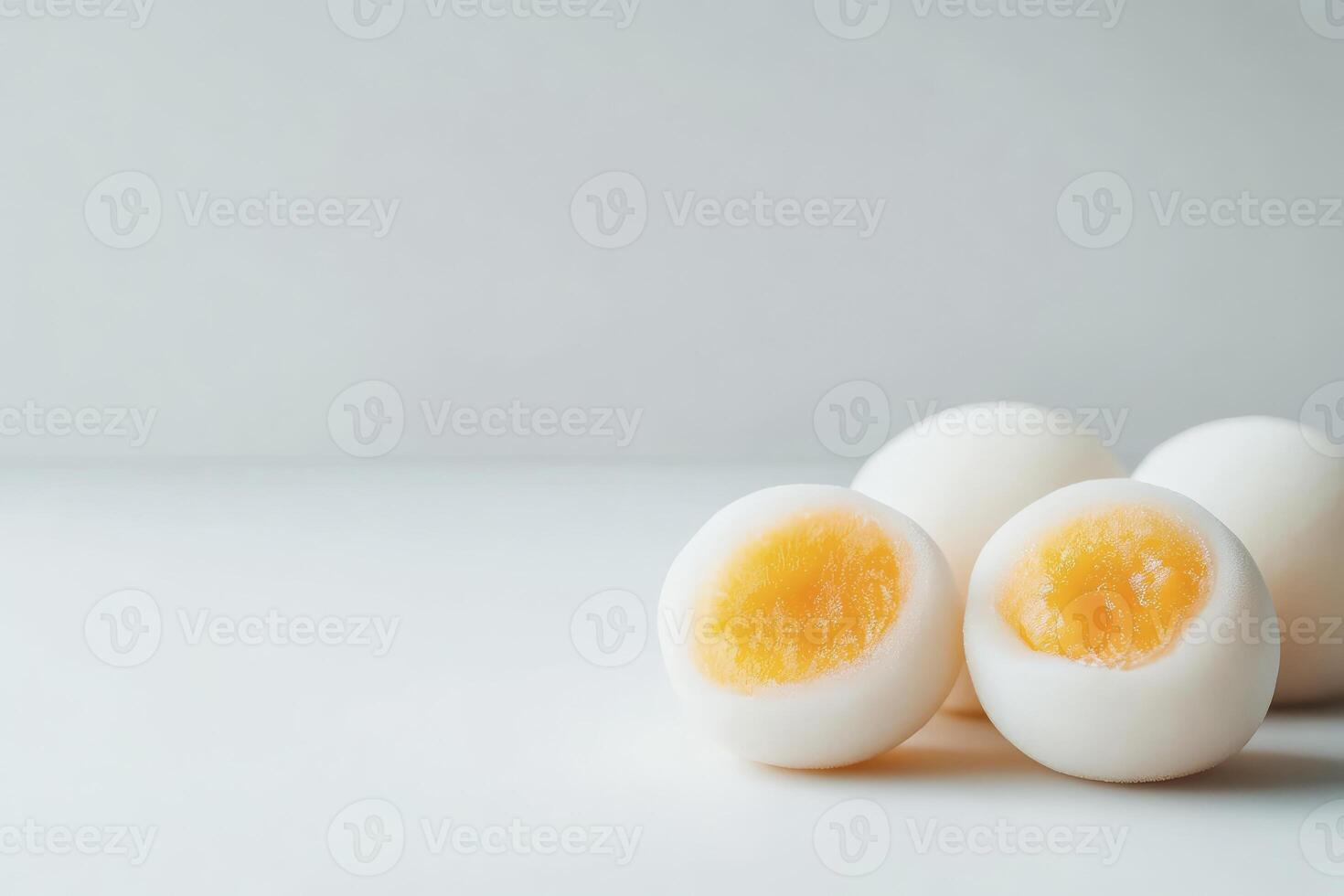 Hard Boiled Eggs Cut in Half Displayed on a White Surface photo