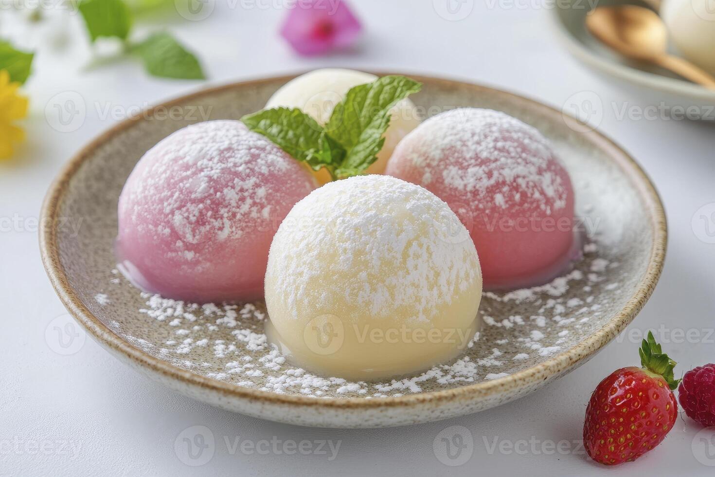 Delicious Mochi Ice Cream Balls on Plate with Powdered Sugar Sprinkled photo