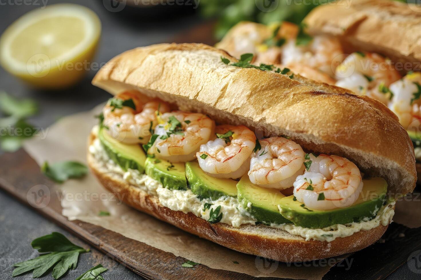 Shrimp Avocado Sandwich on Baguette with Lemon Ready to Eat photo