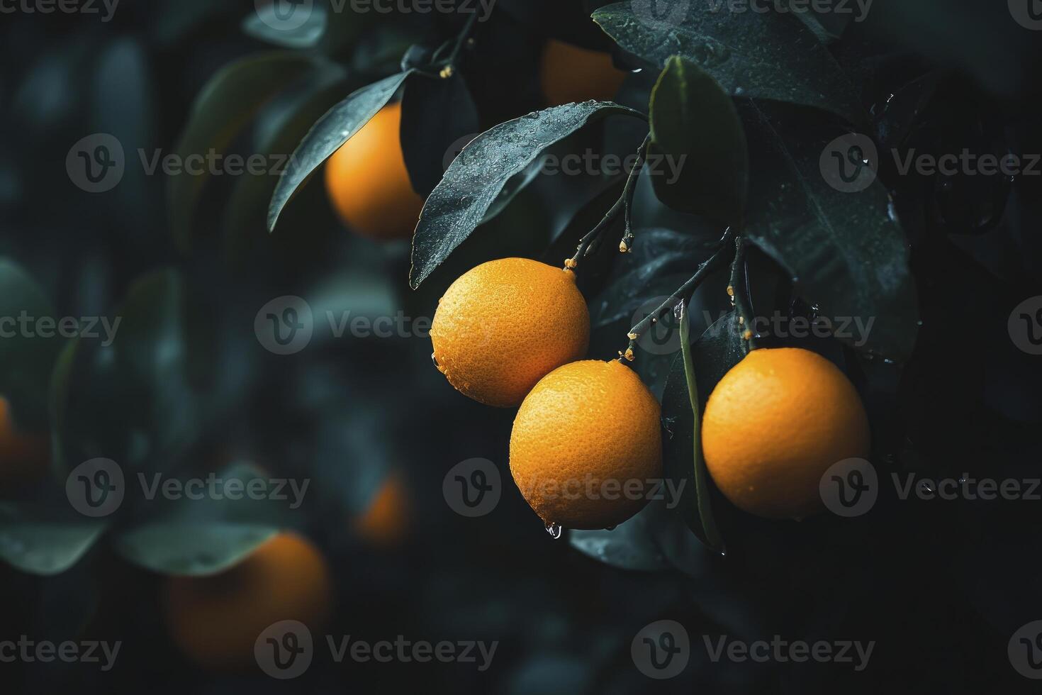 Ripe Oranges Hanging on Tree Branch with Water Droplets photo