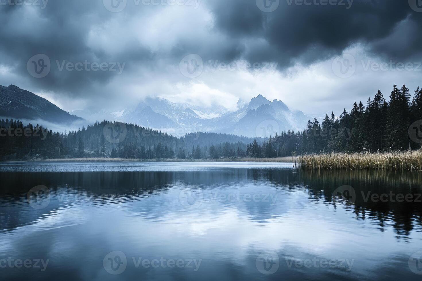 Lake Reflection with Pine Forest and Mountain Under Cloudy Sky photo