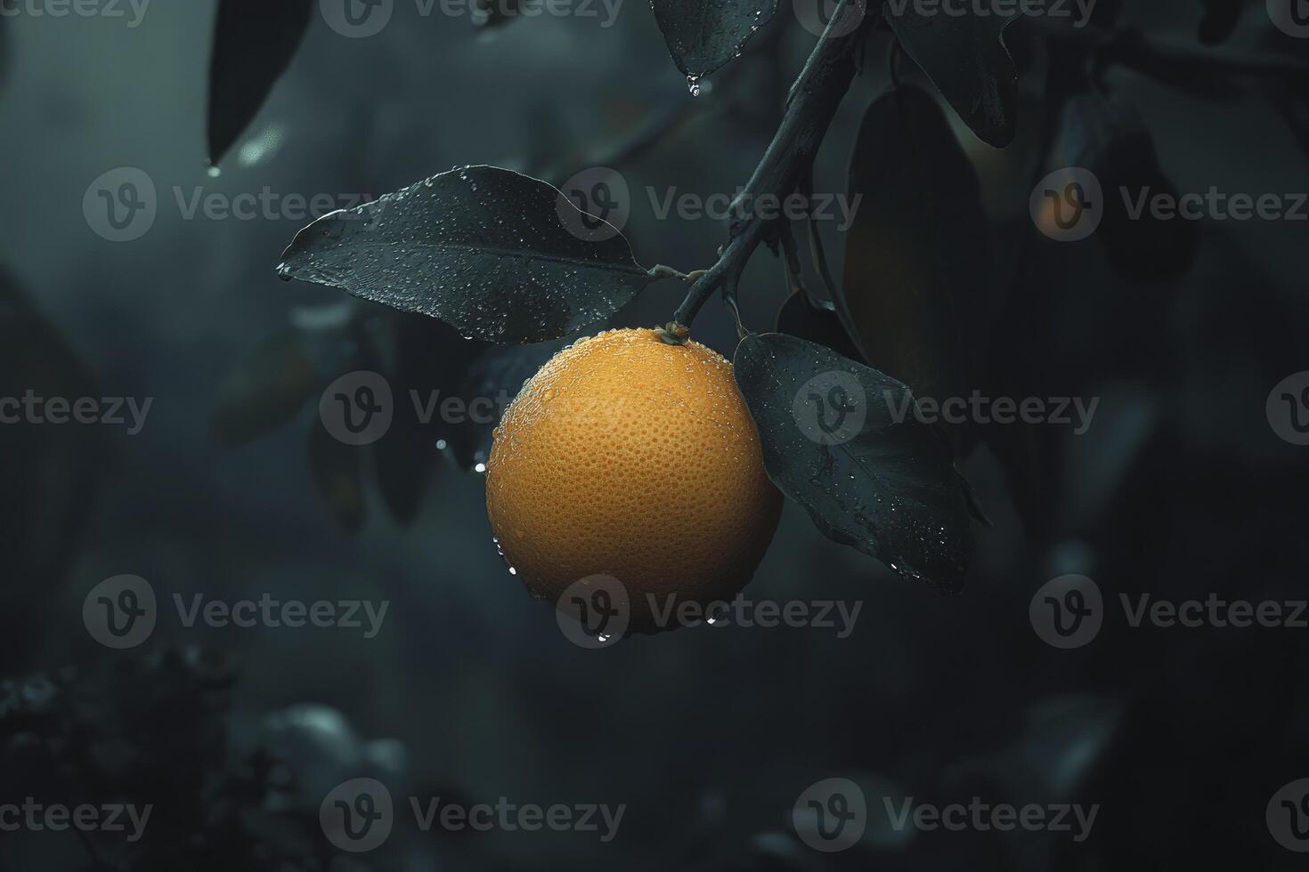 Ripe Lemon Hanging on Tree Branch with Rain Drops Close-up photo