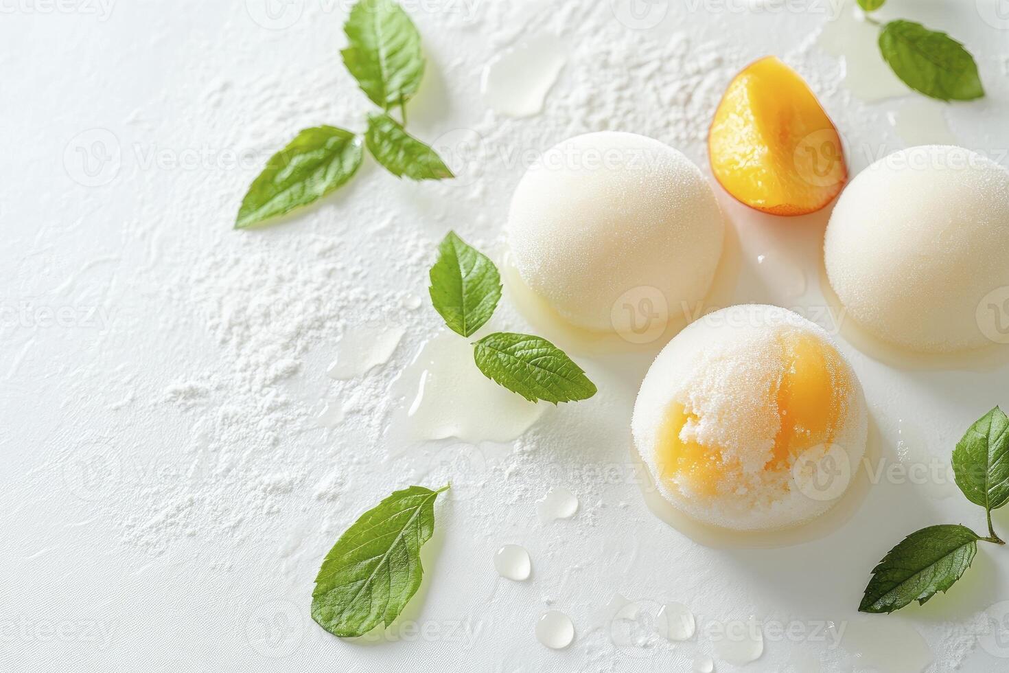 Mochi Ice Cream with Peach and Mint Leaves on White Background photo