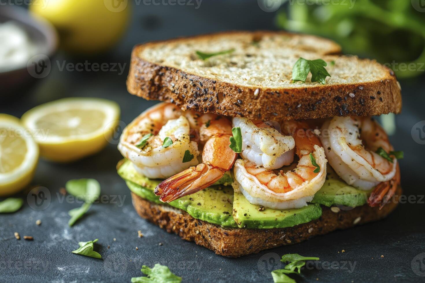 Delicious Shrimp Avocado Toast with Lemon Ready to Eat photo