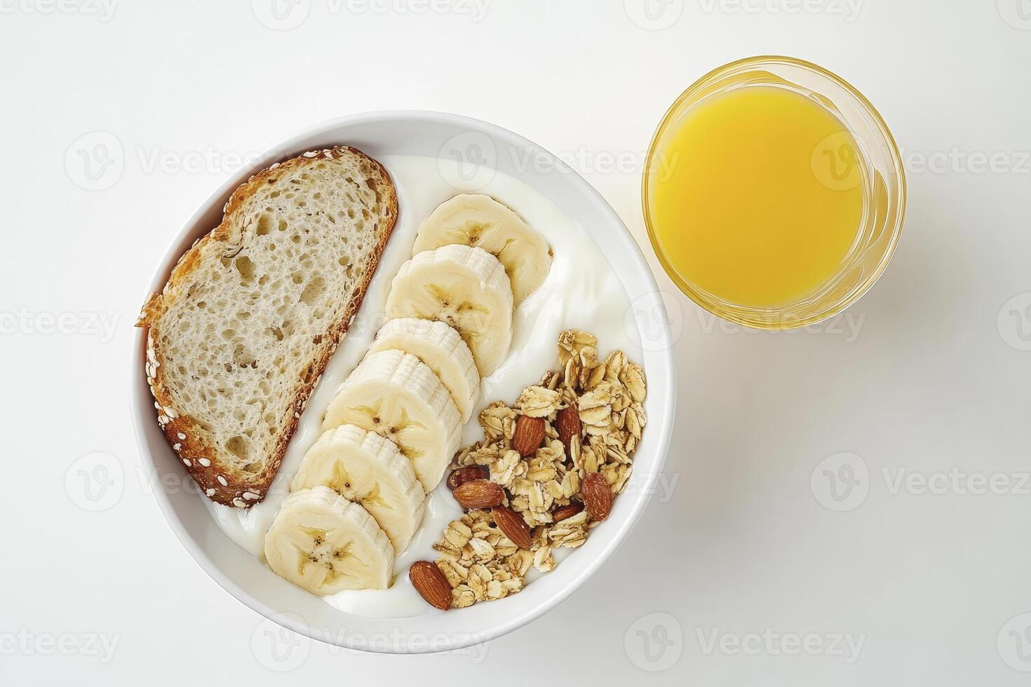 Healthy Breakfast Bowl with Yogurt, Fruit, Granola and Orange Juice photo