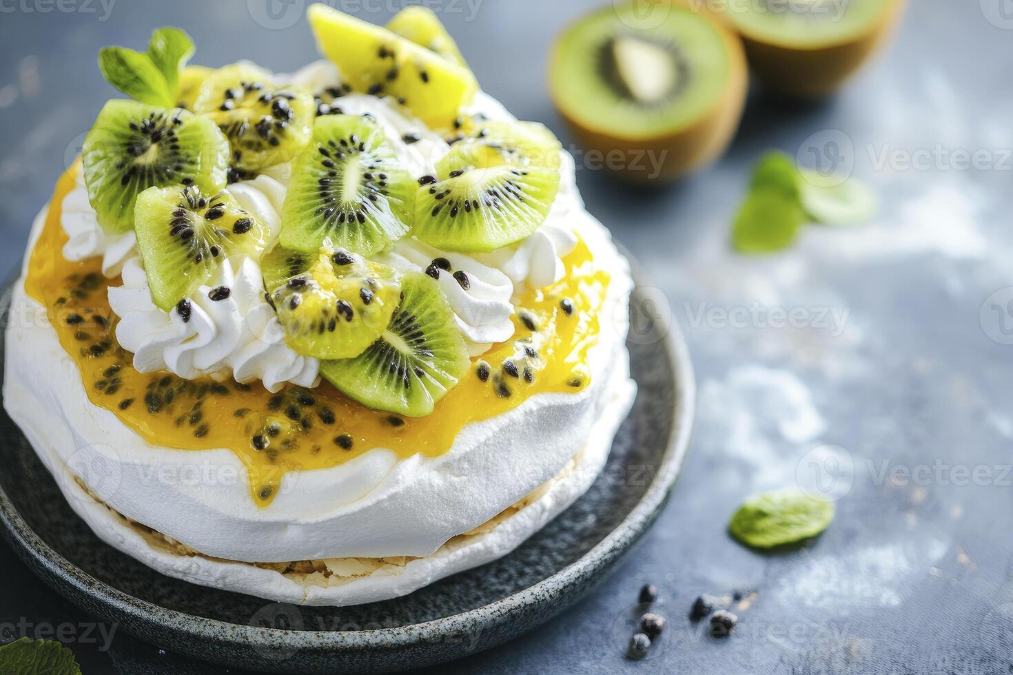 Pavlova Dessert with Kiwi and Passion Fruit Topping Ready to Eat photo