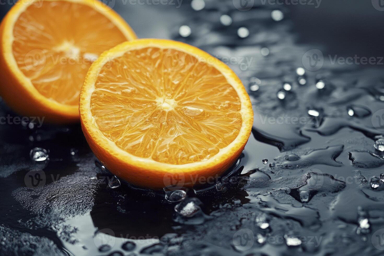 Fresh Orange Halves on Dark Surface with Water Droplets Studio Shot photo